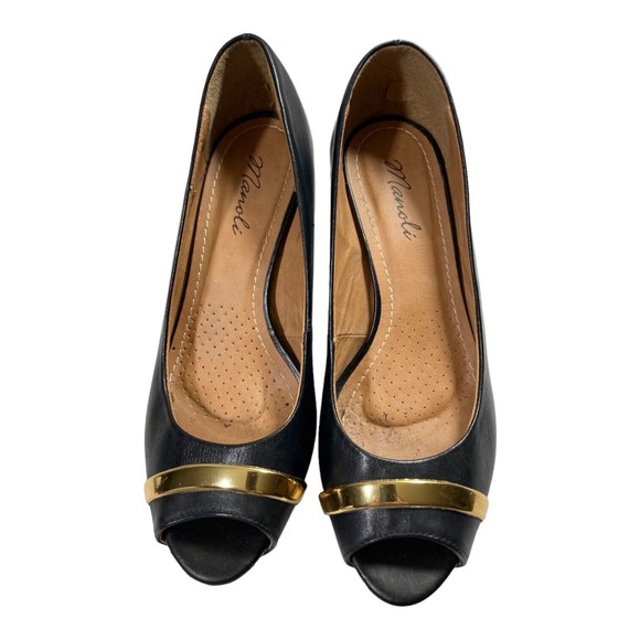 Manoli Heels Black Leather Peep Toe Platform Pumps Women's 6.5M Made in Brazil - Picture 3 of 8